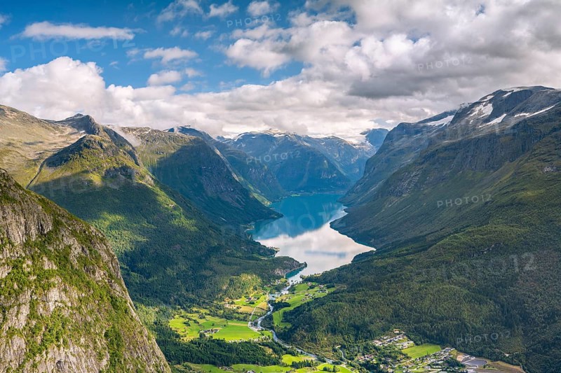 View of Loen and Lake Lovatnet from the Loen Skylift cable car, Hoven mountain, Nordfjord, Stryn, Vestland, Norway, Europe