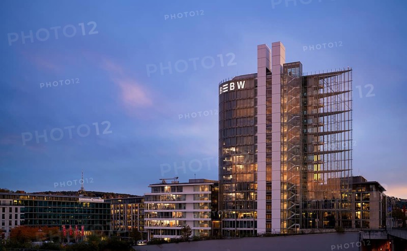 Landesbank Baden-Württemberg administration building, white glass with punctual glass mounting, logo, telecommunications tower, blue hour, Stuttgart, Baden-Württemberg, Germany, Europe