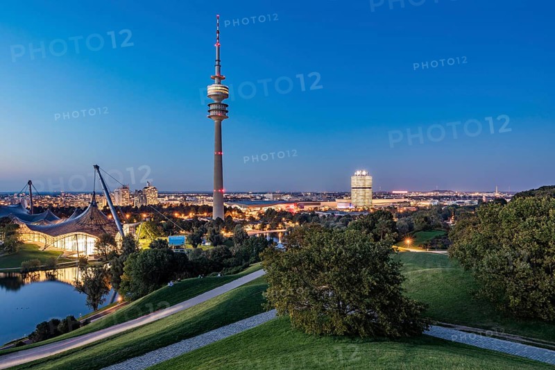Olympic Tower in the Olympic Park and the BMW four-cylinder administration building in Munich, Bavaria, Germany, Europe