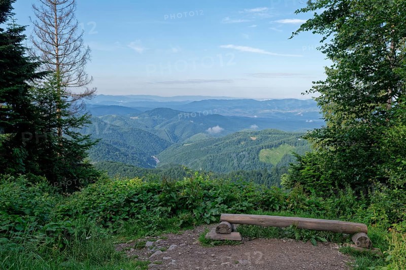 View of the mountain landscape in the Apuseni Mountains in the Western Carpathians from the viewpoint on the Romanian DN 75 near Vartop. Alba County, Transylvania, Romania, Southeast Europe, Europe