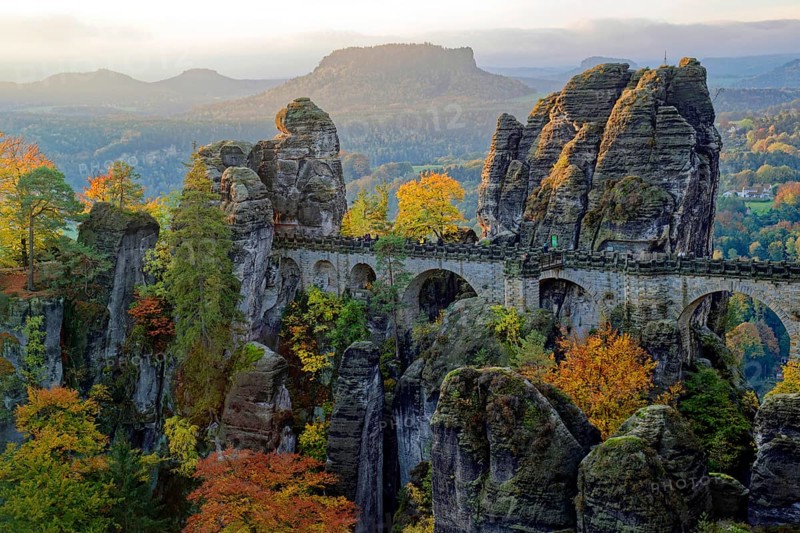 View from the Ferdinandstein to the Bastei bridge, Bastei, Lohmen, Saxon Switzerland, Elbe Sandstone Mountains, Saxony, Germany, Europe
