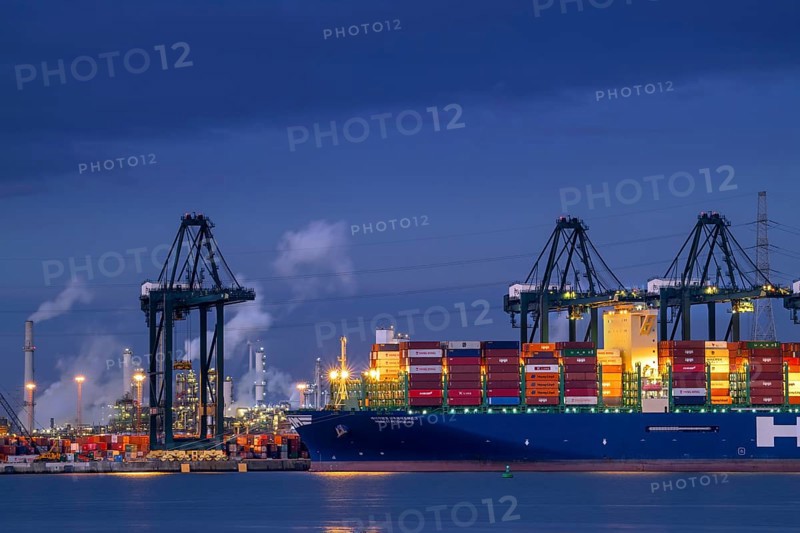 Container ship with stacked containers and gantry cranes at container terminal in the Antwerp port at night along the Western Scheldt, Flanders, Belgium, Europe