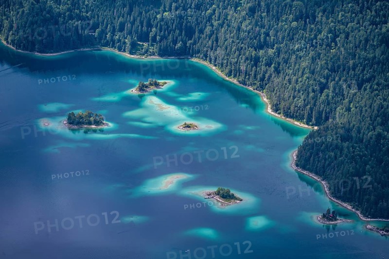 Detailed view of islands and forest at the Eibsee lake, Bavaria, Germany, Europe