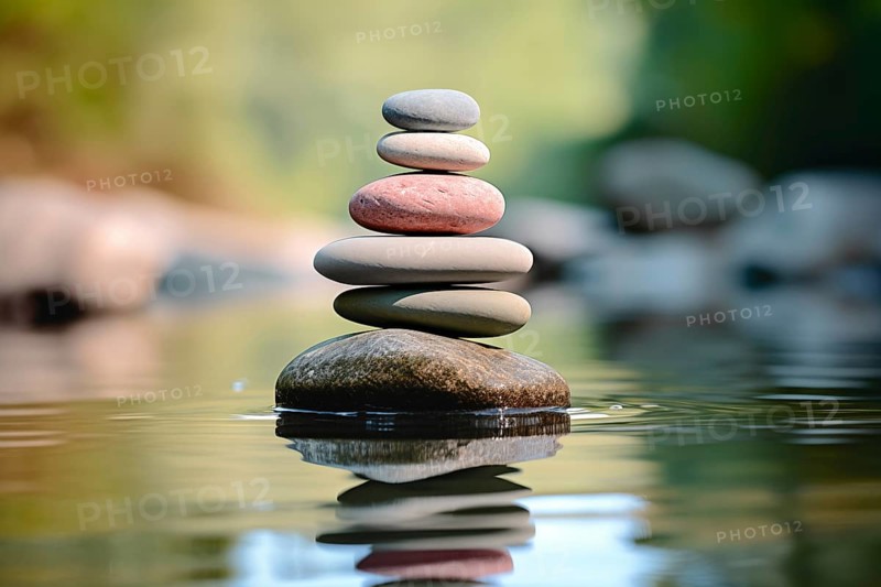 Stack of zen stones on water with a nature background. The image conveys a sense of balance, harmony, and peace. Suitable for use in wellness, therapy, and relaxation concepts, AI generated