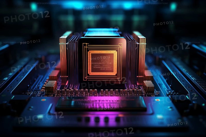 Close-up of a computer processor chip CPU on a motherboard with glowing neon lights. The chip is surrounded by other electronic components. Technology and hardware related content, AI generated