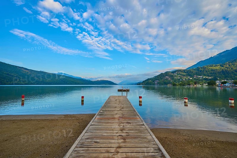 Lake shore, reflection, bathing raft, sky, clouds, twilight, sunrise, summer, Lake Millstatt, Döbriach, Carinthia, Austria, Europe