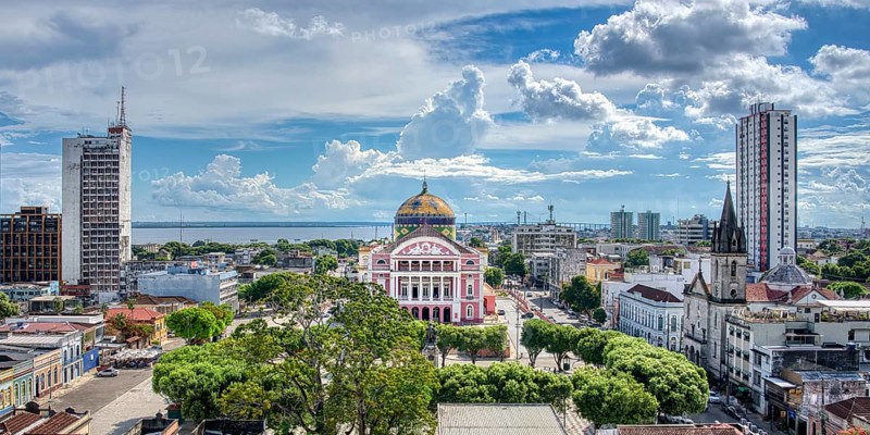 View over Manaus and Belle Epoque Amazon Theatre, Manaus, Amazonia State, Brazil, South America