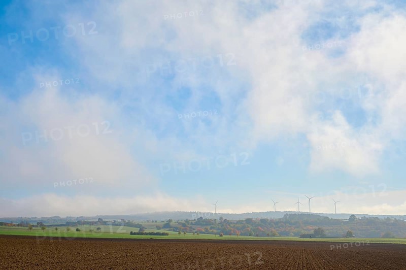 Field landscape, wind turbines, sky, clouds, autumn, beeches, Odenwald, Baden-Württemberg, Germany, Europe