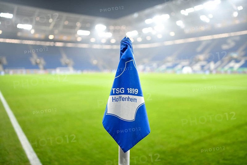 Corner flag, TSG 1899 Hoffenheim logo, grass, stadium interior, empty, PreZero Arena, Sinsheim, Baden-Württemberg, Germany, Europe