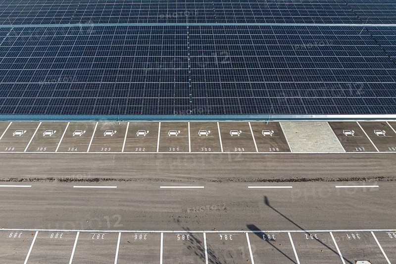Largest charging park in the world at Merklingen Swabian Alb railway station with 259 covered stations for electric cars. Merklingen, Alb-Donau district, Baden-Württemberg, Germany, Europe