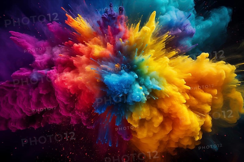 Holi background, vibrant and colorful powder smoke explosion on black background, AI generated