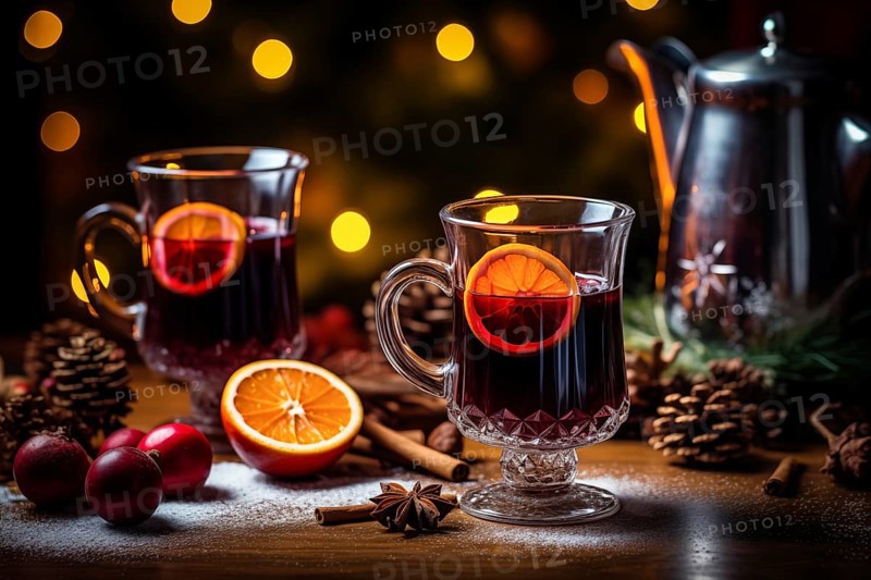 Glass of traditional mulled wine with orange and cranberry garnishes on a cozy Christmas table. The background is blurred with bokeh lights and candles, creating a warm and festive atmosphere, AI generated