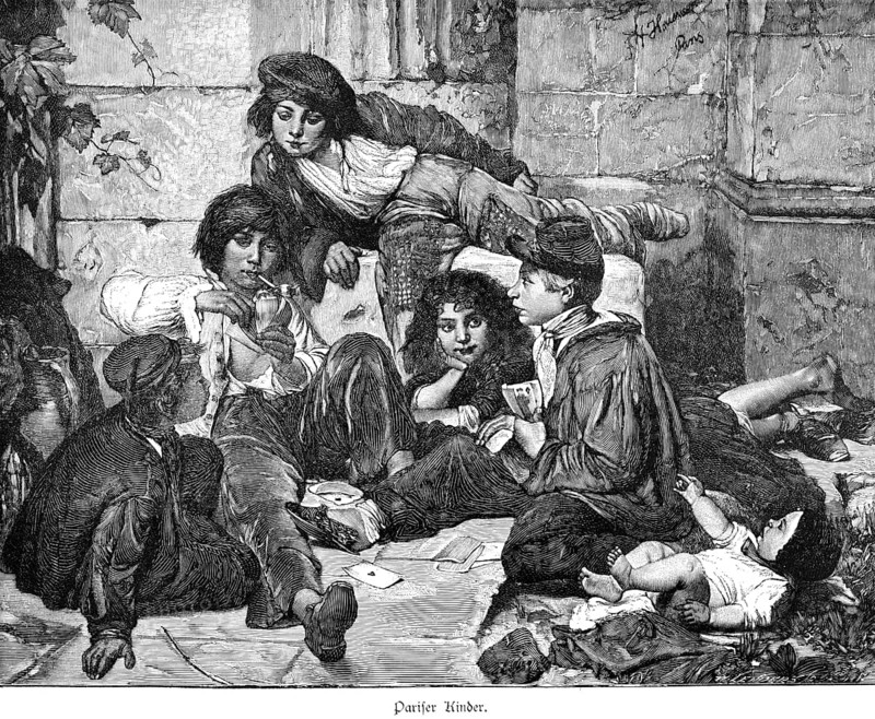 Parisian children, Paris, group, teenagers, street, lying, sitting, smoking, girls, boys, poor, clothes, patching, card game, boredom, occupation, social class, misery, France, historical illustration around 1898, Europe