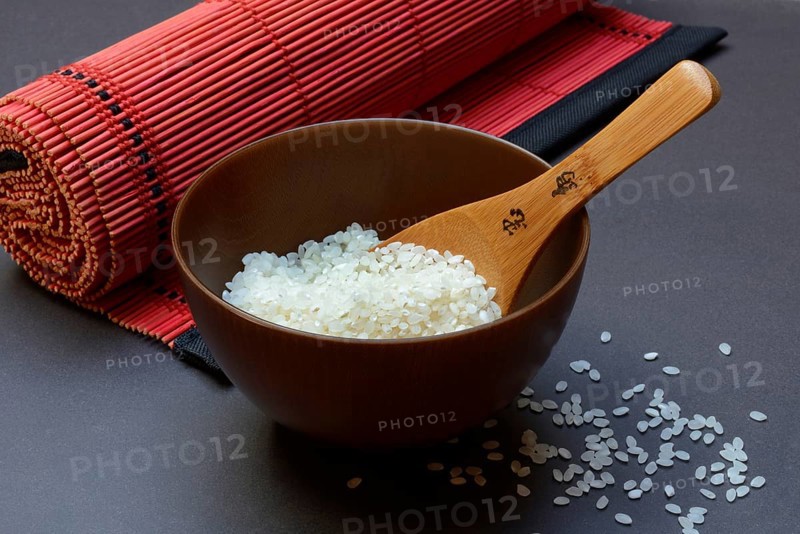 Rice, white rice in bowl with wooden ladle