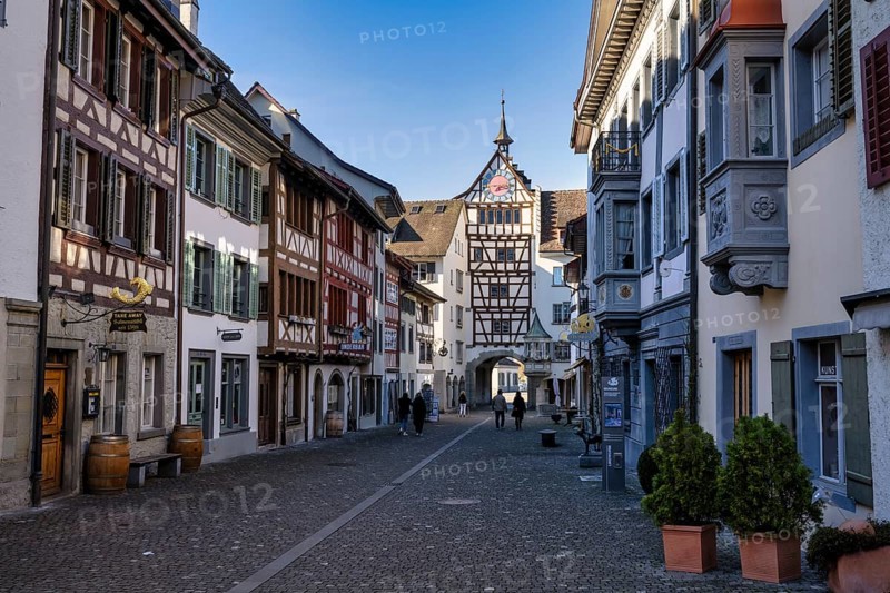 Pedestrian zone with old half-timbered buildings in the historic old town of Stein am Rhein, Canton Schaffhausen, Switzerland, Europe
