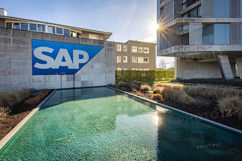Logo and building of the listed software company SAP, headquarters in Walldorf, Baden-Württemberg, Germany, Europe