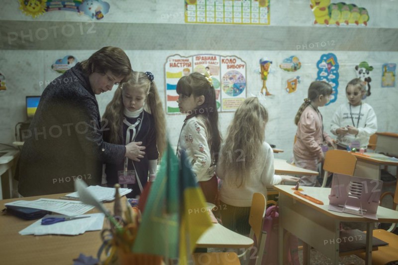 Pupils in a classroom in one of the metro schools in Kharkiv. Classrooms were set up in various metro stations in the city in order to keep classes running even during an air raid, Metro Universytet, Kharkiv, Ukraine, Europe