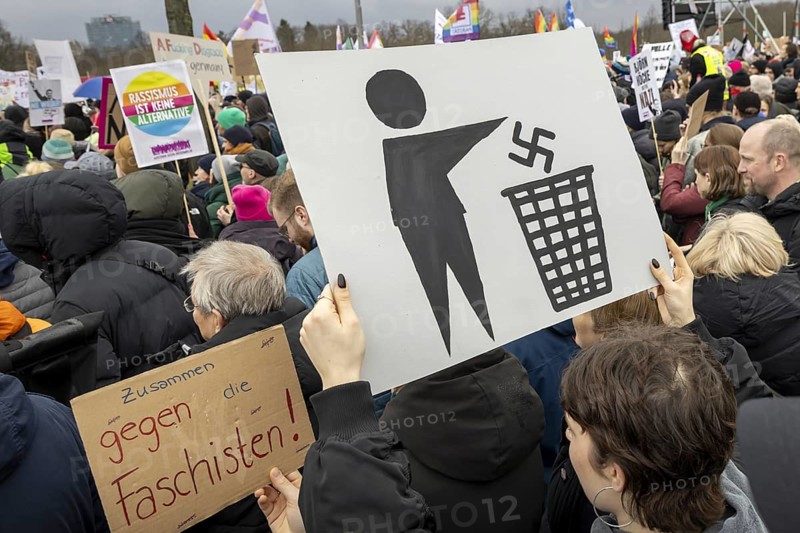 An alliance of initiatives and organisations has called for a demonstration and a human chain against right-wing extremism at the Reichstag building. The motto is, We are the firewall: Alliance against the right Berlin, 03.02.2024. Swastika, against fascists