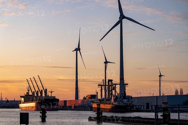 The port of Antwerp, on the Scheldt, is the second largest seaport in Europe, Wind turbines in the harbour area, Flanders, Belgium, Europe