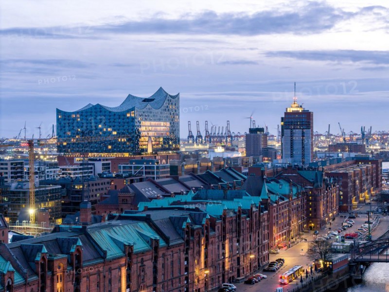 Aerial view of Speicherstadt Hamburg and the Elbe Philharmonic Hall with customs canal at blue hour, Hamburg, Germany, Europe