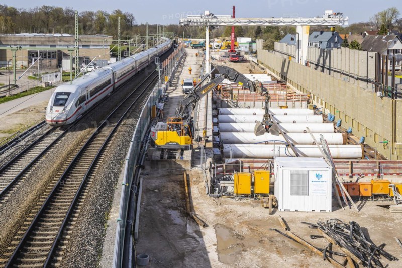 Rastatt Tunnel construction site on the Rhine Valley line with ICE, Deutsche Bahn AG infrastructure project. Construction work began in 2013 and was due to be completed in 2022. The project has been delayed due to an accident involving a tunnel boring machine and is now scheduled for completion in 2026, Rastatt, Baden-Württemberg, Germany, Europe