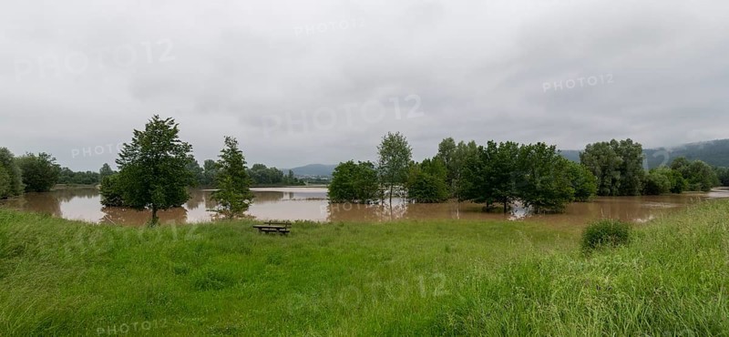 Symbolic image extreme weather, global warming, climate change, flood retention basin, flood protection, flooded meadows, deciduous trees, Rems valley, Winterbach, Rems river, Baden-Württemberg, Germany, Europe