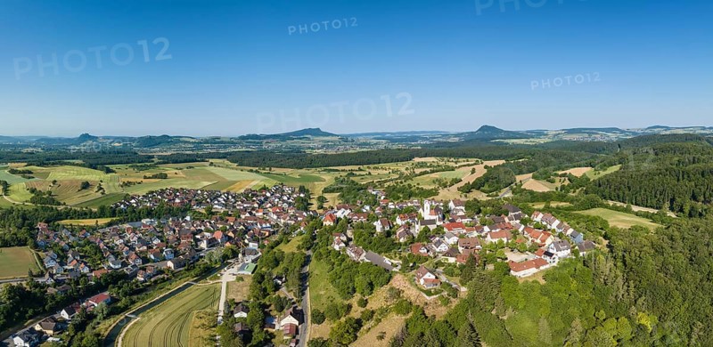 Aerial panorama of the town of Aach im Hegau, with the Hegauberge mountains on the horizon, Konstanz district, Baden-Württemberg, Germany, Europe