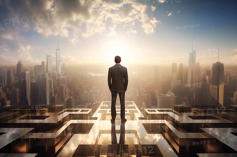Man in a suit standing on a rooftop with a view of the city skyline at sunrise with clouds and rising sun on horizon. Concept of ambition, success, and leadership, AI generated