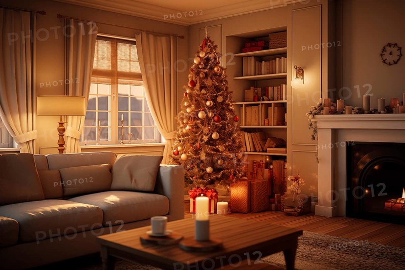 A cozy interior living room with burning fireplace decorated for Christmas with a Christmas tree with presents gift boxes. The image captures the warm and inviting atmosphere of the holiday season, AI generated