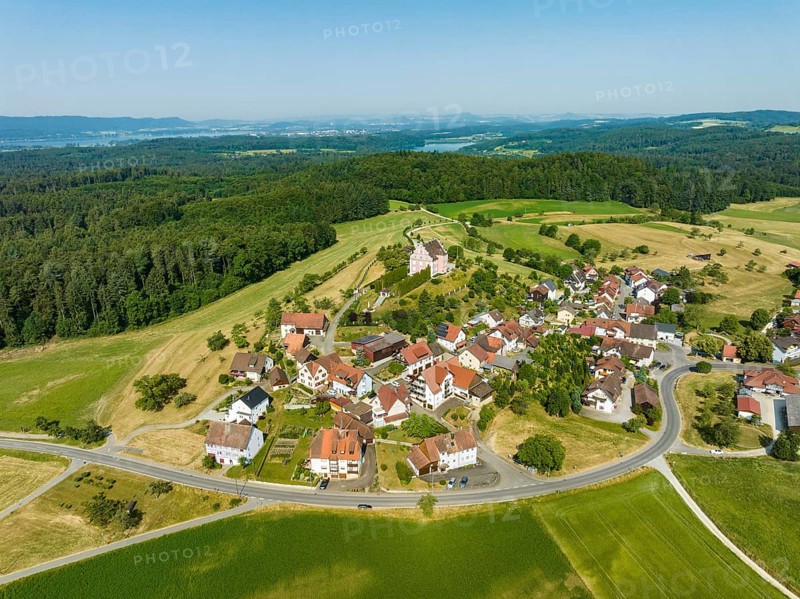 Aerial view of the village of Freudental with Freudental Castle on the Bodanrück, Constance County, Baden-Württemberg, Germany, Europe