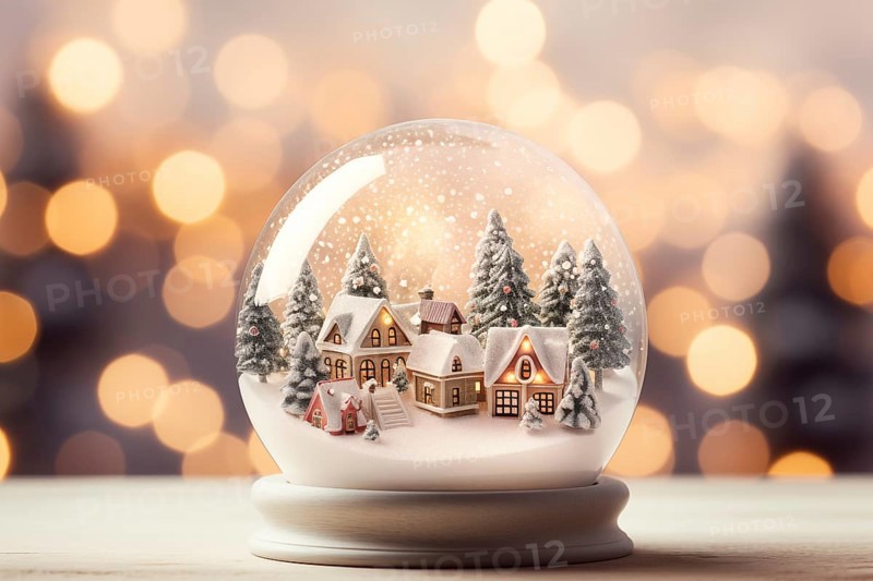 Winter Wonderland with house and trees in Glass Ball Snow Globe on table and blurred bokeh background, AI generated