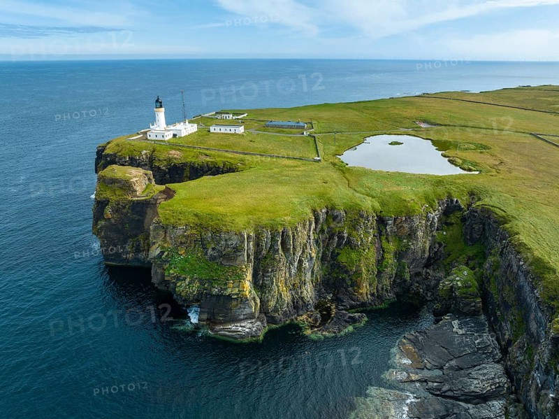 Aerial view of the lighthouse at Noss Head, North Sea coast, Wick, County Caithness, Scotland, United Kingdom, Europe