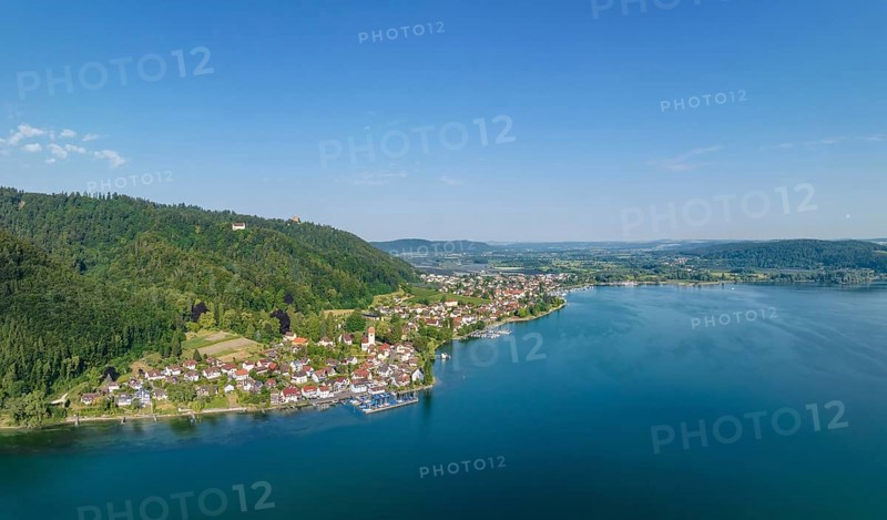 Aerial panorama of Lake Constance with the village of Bodman, Bodman-Ludwigshafen, Constance County, Baden-Württemberg, Germany, Europe
