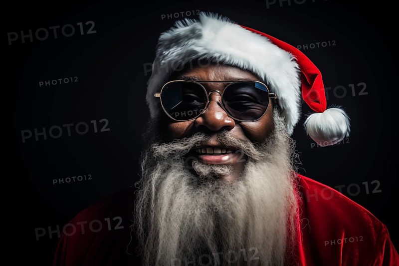 Modern black Santa Claus in Santa hat with sunglasses and long white beard, smiling while looking at camera against a dark background. Festive and cheerful spirit of the holiday season, AI generated