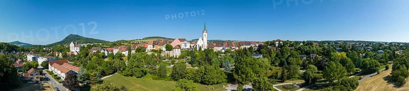 Aerial panorama of the town of Engen, on the left on the horizon the Hegau volcanoes Hohenstoffeln and Hohenhewen, Konstanz district, Baden-Württemberg, Germany, Europe