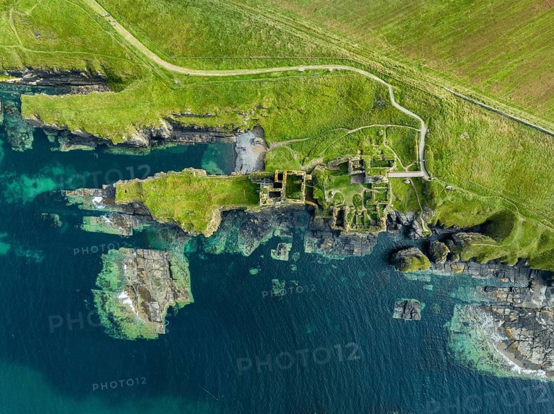 Aerial view of Girnigoe and Sinclair Castle ruins, rock castle on the North Sea coast, Wick, County Caithness, Scotland, United Kingdom, Europe