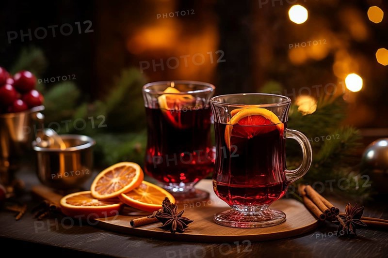 Two glasses of traditional mulled wine with orange and cranberry garnishes on a cozy Christmas table. The background is blurred with bokeh lights and candles, creating a warm and festive atmosphere, AI generated