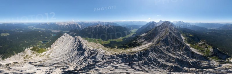 Alpine panorama, aerial view, Westliche Wettersteinspitze, Wetterstein Mountains, Bavaria, Germany, Europe