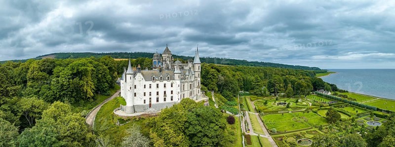 Aerial panorama of Dunrobin Castle, Golspie, Sutherland, Highlands, Scotland, United Kingdom, Europe