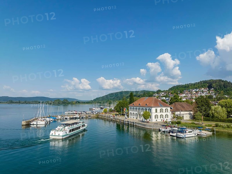 Aerial view of Lake Constance with the municipality of Bodman-Ludwigshafen with the marina and old customs house, Hegau, Constance County, Baden-Württemberg, Germany, Europe
