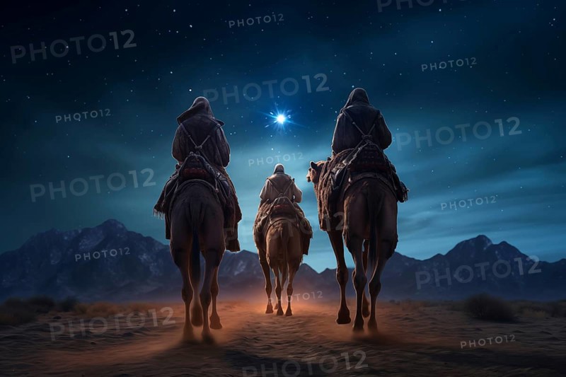 Christmas Jesus birth concept, Adoration of the Magi, Three Wise Men, Three Kings, and the Three biblical Magi with camel silhouettes journeying in sand dunes of desert follow Bethlehem star at night, AI generated