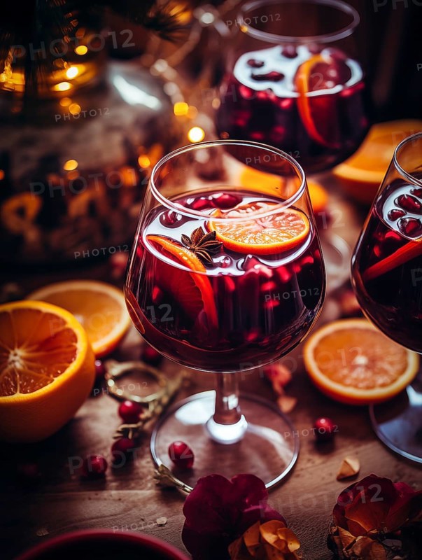 Glass of traditional mulled wine with orange and cranberry garnishes on a cozy Christmas table. The background is blurred with bokeh lights and candles, creating a warm and festive atmosphere, AI generated