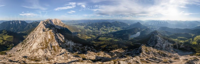 Alpine panorama, aerial view, evening mood in the mountains, view of Schaffauer with Hintersteiner See, Wilder Kaiser, Tyrol, Austria, Europe