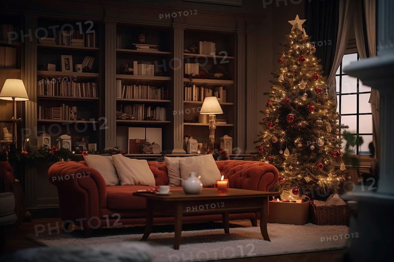 A cozy interior living room decorated for Christmas with a Christmas tree with presents gift boxes. The image captures the warm and inviting atmosphere of the holiday season, AI generated