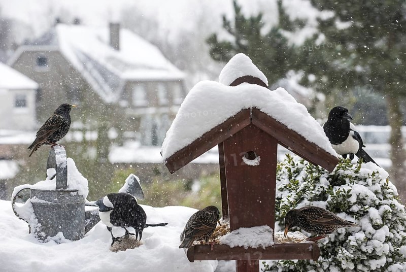 Common Starlings (Sturnus vulgaris) and European Magpies (Pica pica) at bird feeder during snowfall in garden in the snow in winter