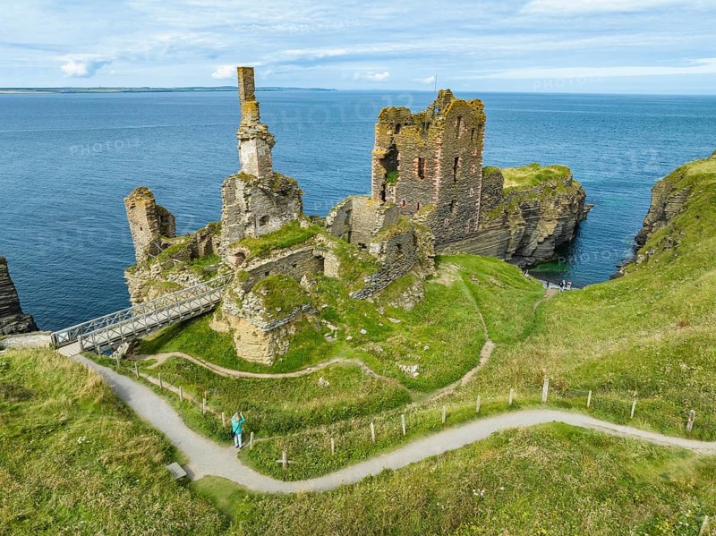 Aerial view of Girnigoe and Sinclair Castle ruins, rock castle on the North Sea coast, Wick, County Caithness, Scotland, United Kingdom, Europe