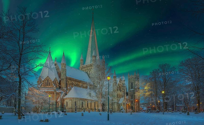 Winter Snow Night Northern Lights Cathedral Nidaros Trondheim Norway