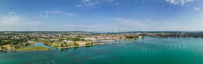 Aerial panorama of the city of Kreuzlingen in Switzerland with the Seeburgpark and Constance in Germany with the Lake Constance harbour, Canton Thurgau, Switzerland, Europe