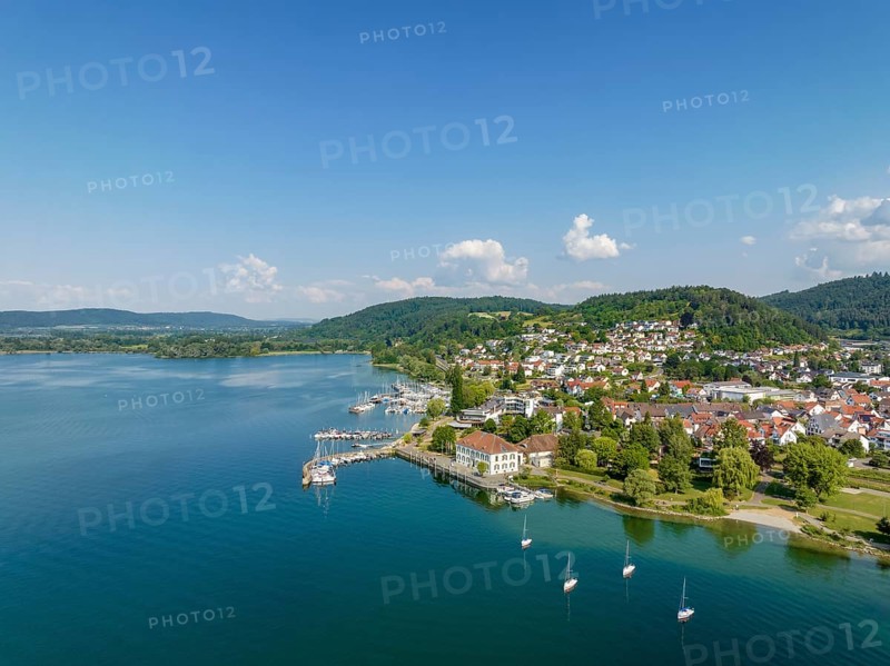 Aerial view of Lake Constance with the municipality of Bodman-Ludwigshafen with the marina and old customs house, Hegau, Constance County, Baden-Württemberg, Germany, Europe