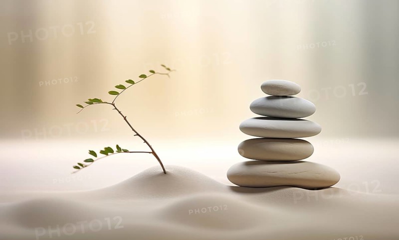 Zen stones stack on sand waves in a minimalist setting for balance and harmony. Balance, harmony, and peace of mind, wellness, meditation, and spirituality concept, AI generated